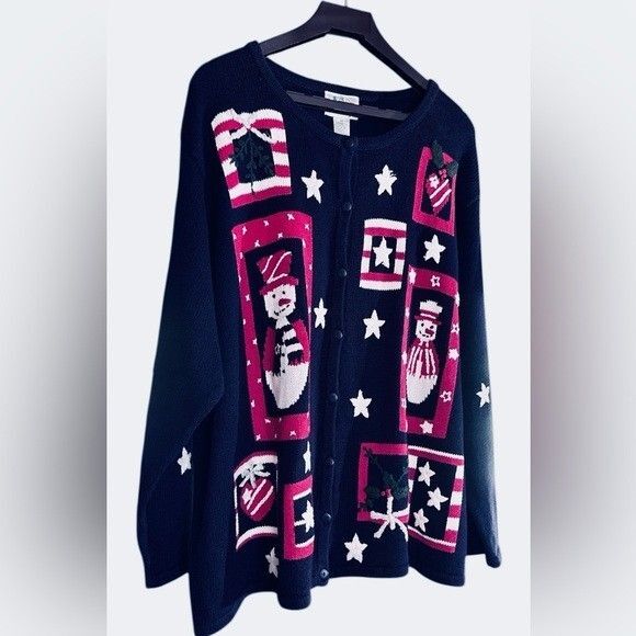 Vintage- Quacker Factory Patriotic Christmas Snowman Festive Knit Cardigan Sz 3X - Picture 12 of 13